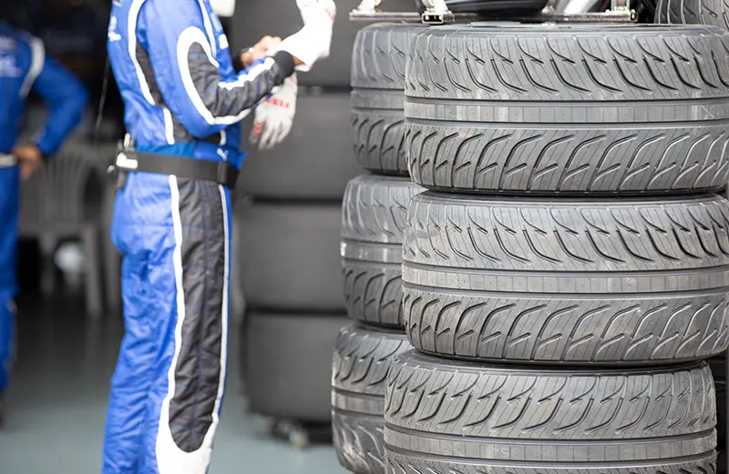 Motorsport car tyres in storage